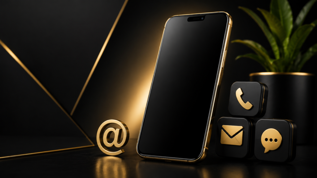 Modern smartphone contact page hero banner with premium Android phone on a black and gold background representing ANSMobile customer support and tech communication.